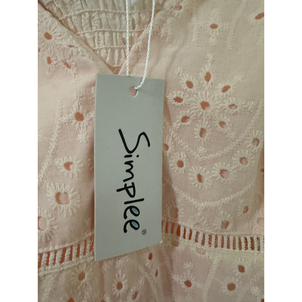 Simplee Pink Eyelet Maxi Dress Womens‎ L V-Neck Boho Tiered Scallop Hem Cottage - Picture 3 of 14